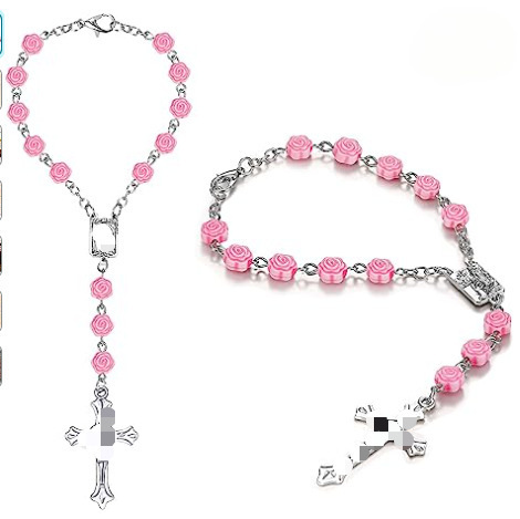 Etsy Cross-Border E-Commerce Supply Pink Rose Flower Baptism Beads Pearl Bracelet Rosary Hand Jewelry Beaded String Wholesale