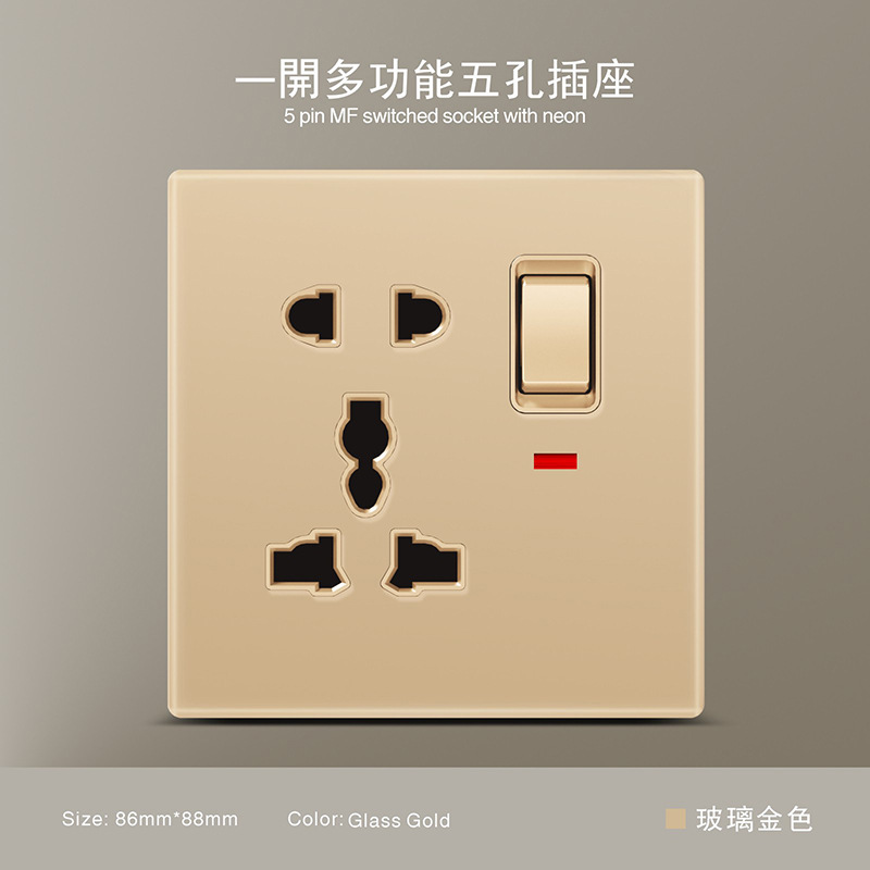 Estándar británico 250V conmutador 13A socket panel de vidrio oro pared sudeste asiático conmutador de alta calidad socket