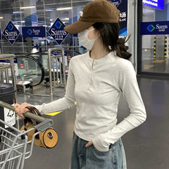 纽扣半开领长袖T恤女春秋冬季2025设计感插肩袖内搭短上衣打底衫