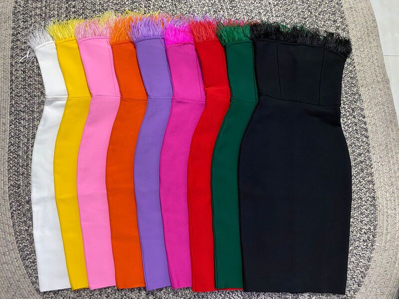 2022 Summer AliExpress Amazon Hot Sale 10 Color Feather Strapless Bandage European and American Fashion Sexy Dress