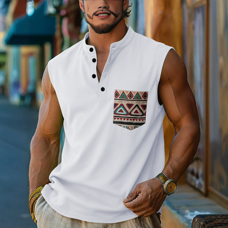 European and American Cross-Border Summer Men's Sleeveless T-Shirt with Pockets and Button Collar Casual Top Men's Sports T-Shirt European and American Cross-Border Summer Men's Sleeveless T-Shirt with Pockets and Button Collar Casual Top Men's Sports T-Shirt