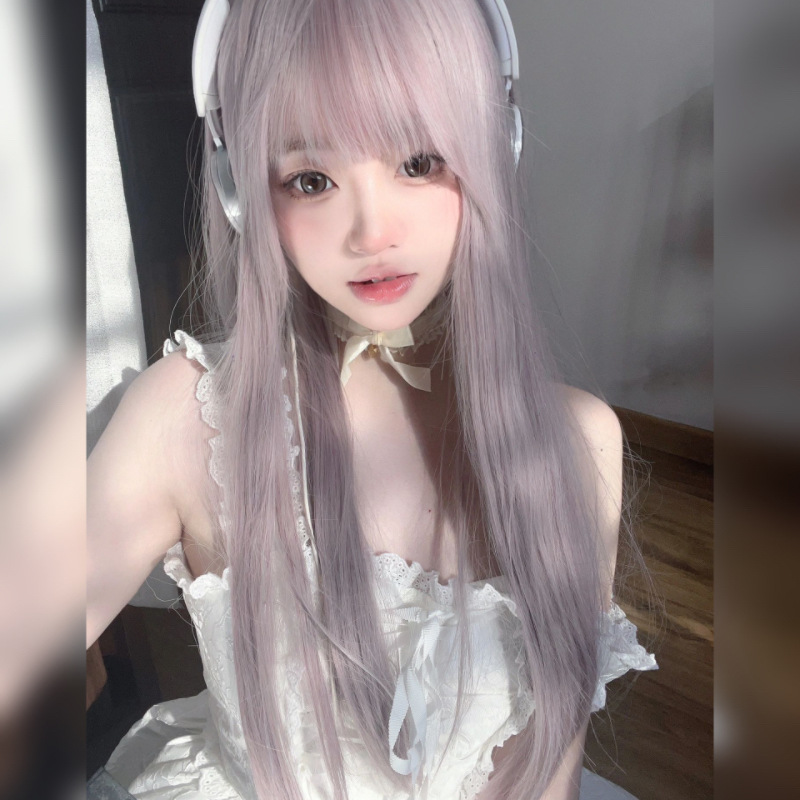 Zicen Grey Purple Wig Women's Internet Red Long Straight Hair Lolita Long Hair Japanese JK Lolita Girl Full Head Set