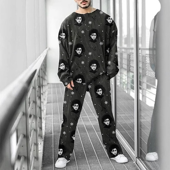 Colorido estilo personalizado estampado de dos piezas guapo otoño nuevo color contraste estilo Hong Kong cuello redondo camiseta pantalones ME6-MR10