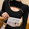 Hollow out half high neckline studded with diamond base shirt