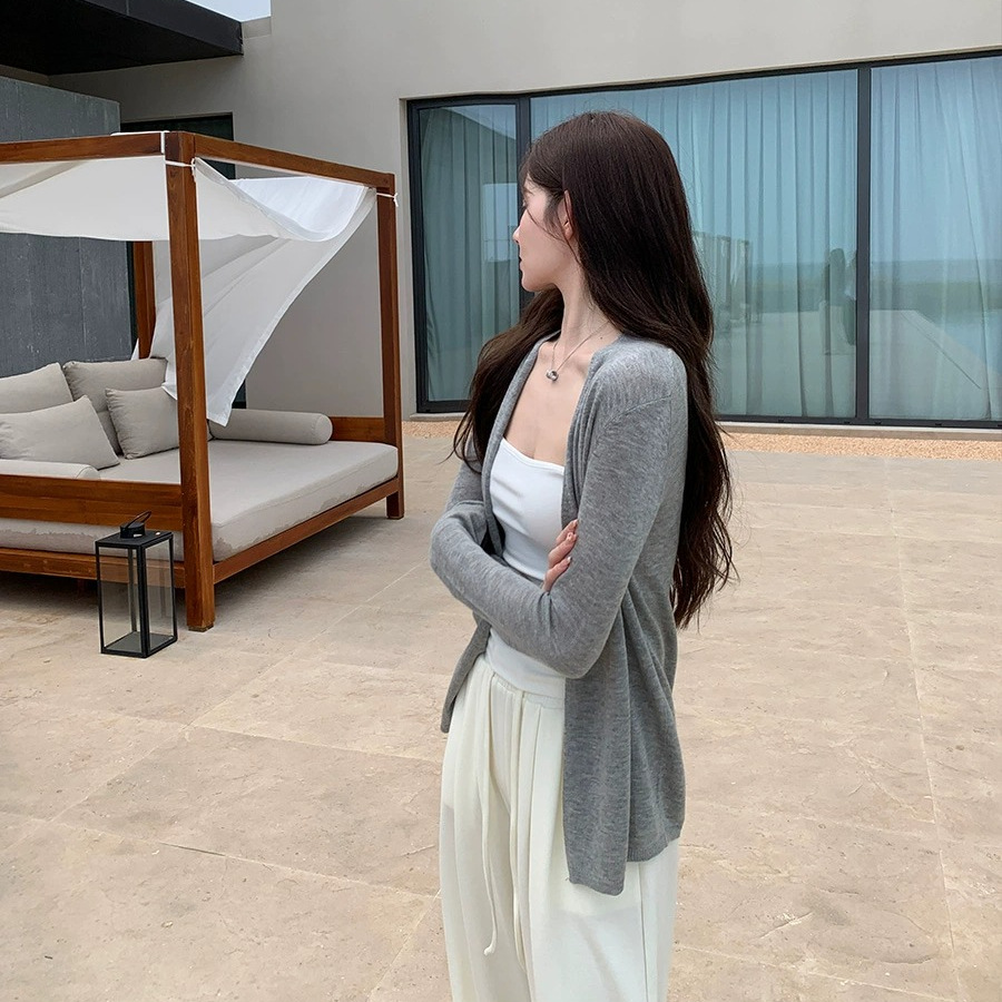 Lazy Style Solid Color Knitted Cardigan Women's 2025 Spring and Summer Coat Thin Mid-length Outer Shirt Sunscreen Top Trendy