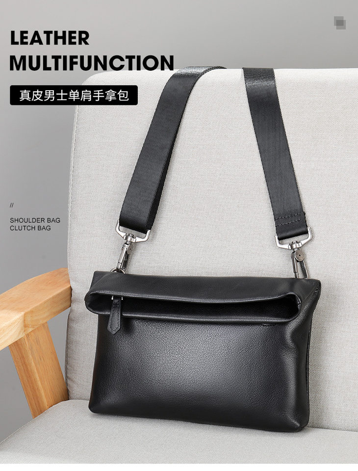 Túi đeo chéo nam da bò thật Malute mềm mại, kiêm túi clutch cầm tay, chống thấm nước — Màu đen chi tiết 8