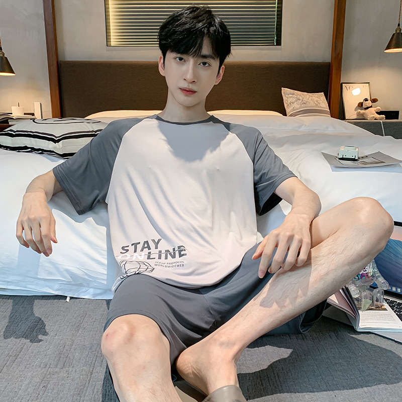 男士睡衣夏季莫代尔短袖短裤青少年韩版简约大学生薄款家居服套装