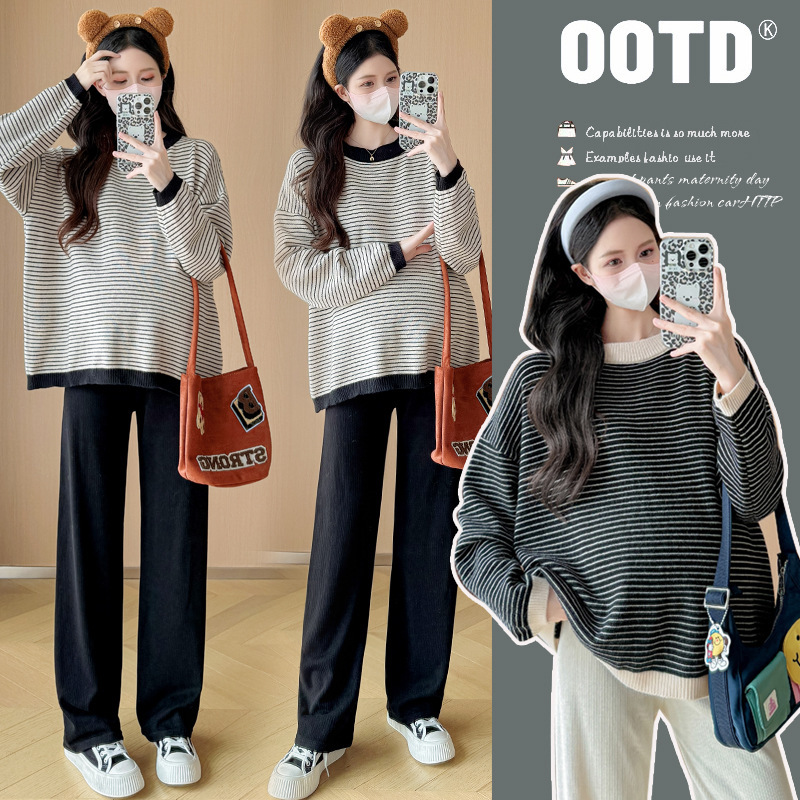 Trendy Mom Pregnant Women Fashion suit Stylish Fashion Autumn and Winter Lazy Style Knitted Striped Sweater Wide Leg Pants Two-piece Set