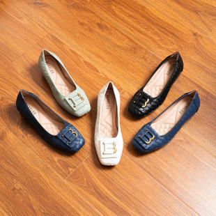 Women's Flats 2025 New Spring Retro Presbyopic Square Buckle Flats Shoes Square Toe Thick Heel Flats