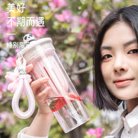 2024年新款樱花熊猫花茶杯运动塑料杯水杯便携带提绳夏季女吸管杯