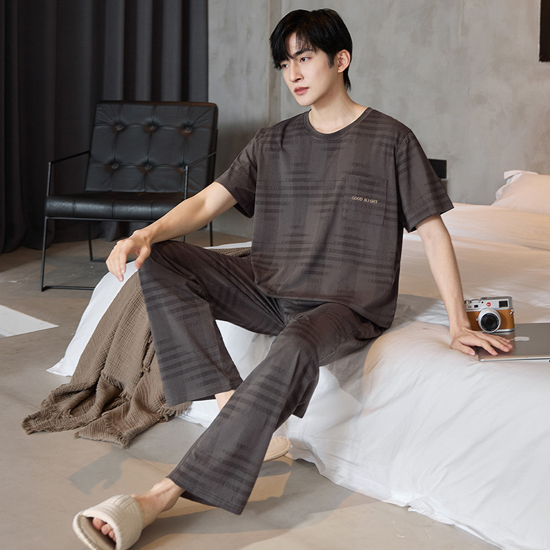 Spring and Autumn Men's Pajamas, Lyocell Cotton Short-Sleeved Long Pants, Thin Summer Simple Men's Home Wear Cool Set