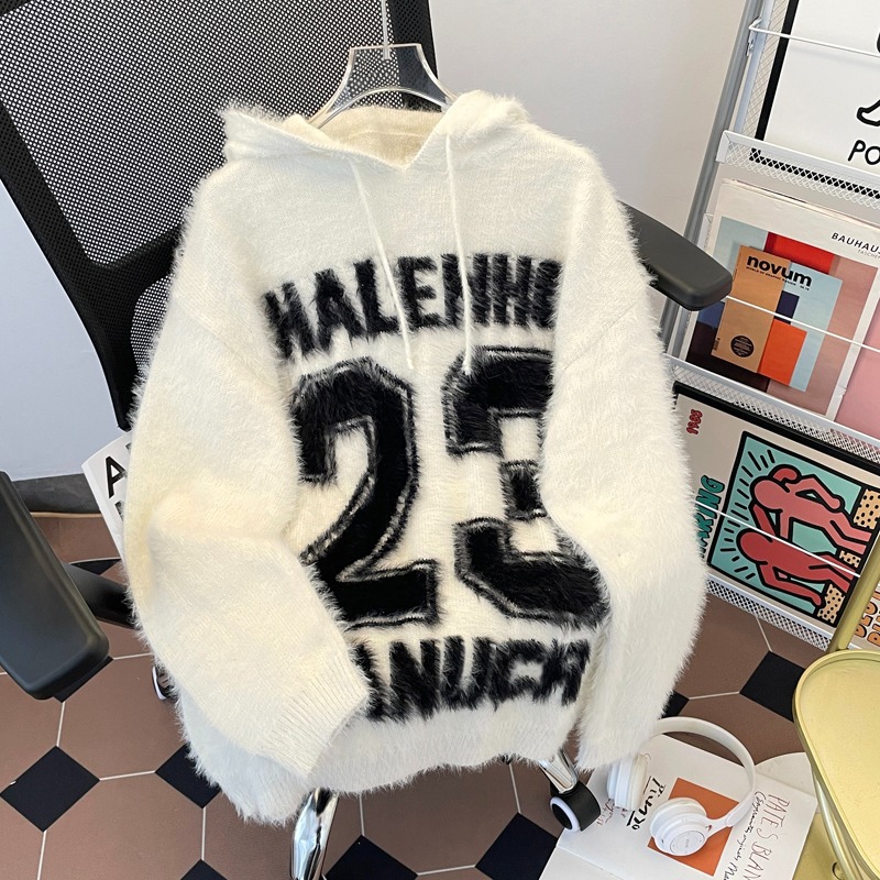 American retro letras Jacquard diseño sensación de suéter encapuchado para hombres y mujeres otoño y invierno nuevo suéter de punto relajado casual versátil