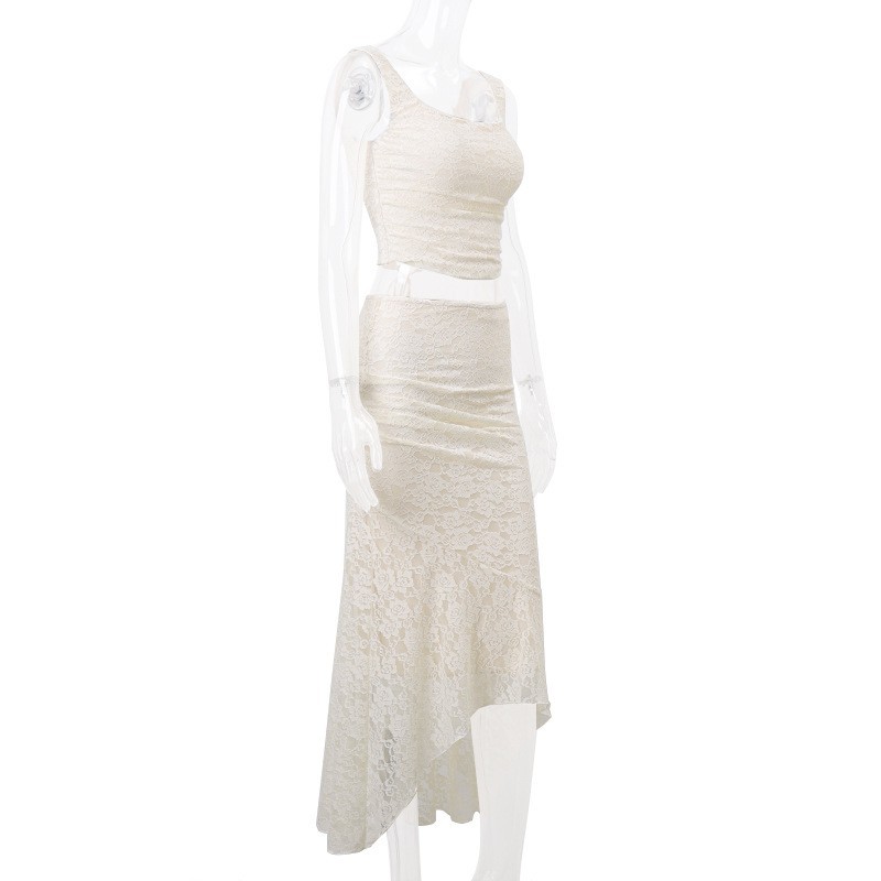 Elegantes Damen Set Mit Gerafftem Top Und Rock Im Spitzen Design_voghion.com