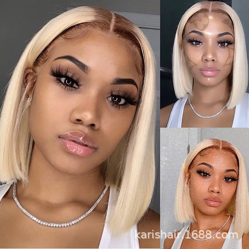 613 pelo humano real peluca cabeza de pelo 613 frente encaje onda Cabeza corta rubia Bob peluca