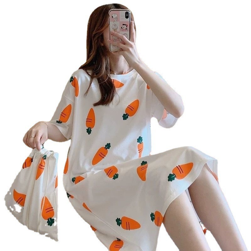 Camisón de las mujeres pijamas de verano Mediados de falda estilo princesa coreana fresca dulce suelta manga corta más tamaño vestido de una pieza con bolsa de tela