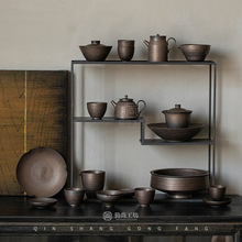 手工鎏金铁锈釉系列粗陶功夫茶具泡茶壶二才盖碗单个公道杯品茗杯