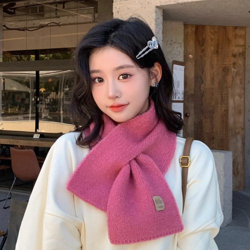 Korean-style knitted yarn solid color scarf for women, autumn and winter ambiance, cross narrow type small scarf, student versatile warm