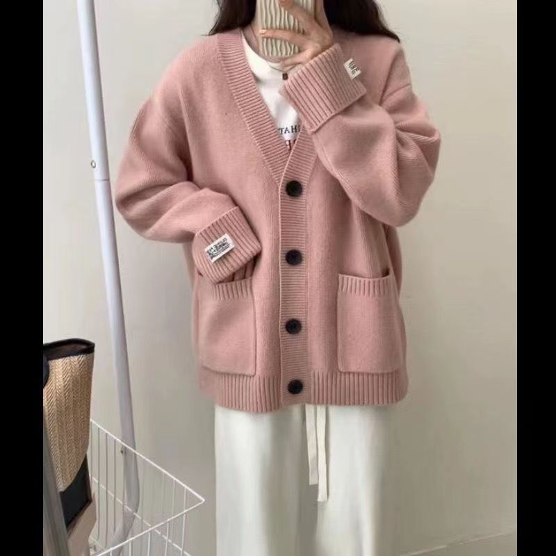 New Autumn and Winter Women's Loose-Fitting Simple Knit Cardigan with Rolled Cuffs and Label, Soft and Cozy Lazy Sweater Coat