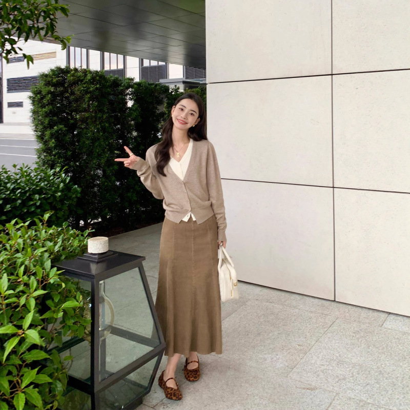 pusumede 复古收藏家 V领假两件针织开衫女宽松气质薄款外套上衣|undefined