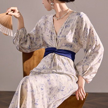 早秋高端V领设计感人丝高级改良汉服收腰绑带连衣裙 ZX款M8016