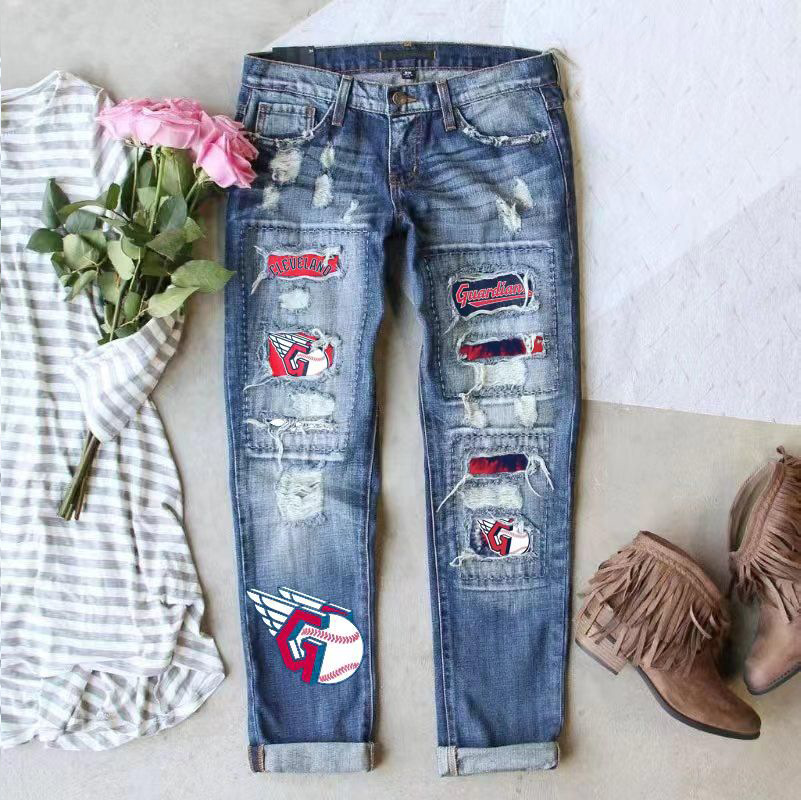 欧美跨境亚马逊独立新款破洞印花休闲直筒中腰女装水洗牛仔裤