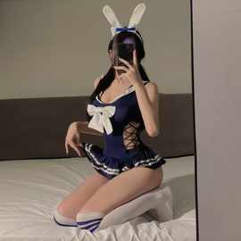 阿豪新款情趣内衣纯欲校园兔女郎制服免脱开档泳衣女绑带连体衣裙