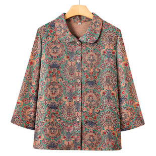 Grandma's Summer Nine-Quarter Sleeve Shirt for Middle-Aged and Elderly Women, Mom's Summer Shirt, 60-70-Year-Old Women's Lapel Top