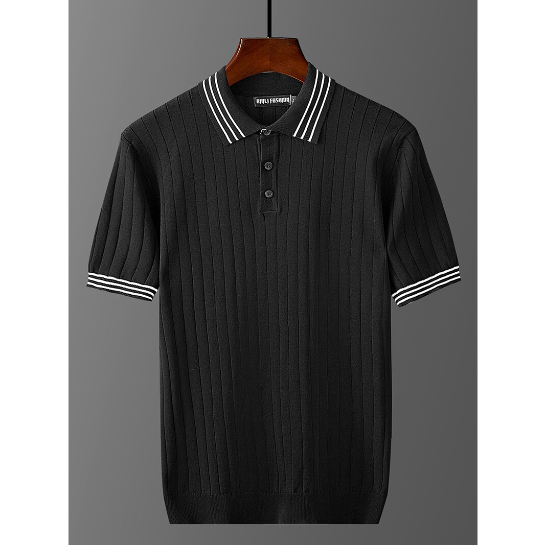 Polo camiseta de punto camiseta de manga corta hombre con solapa rayas viejas camisetas de hielo de negocios de verano fábrica transfronteriza al por mayor