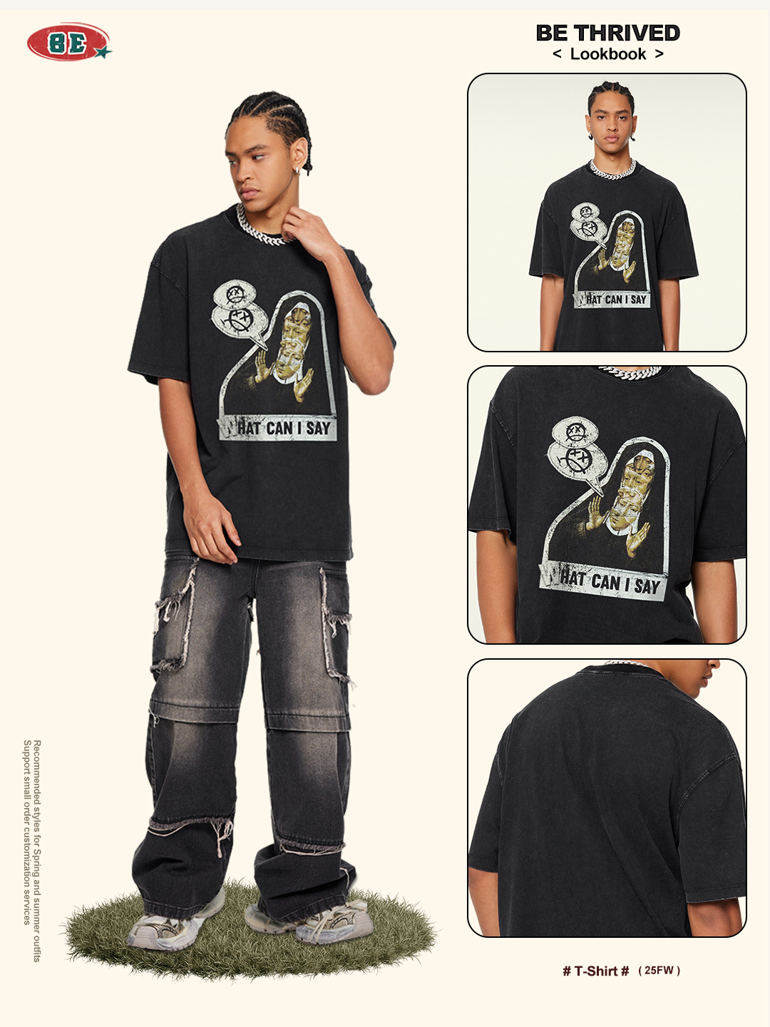 Ropa para Hombre BE | Camiseta Retro de Verano 2025, Estilo Europeo y Americano, con Ilustraciones Oscuras y Divertidas, de Corte Holgado y Manga Corta para Hombre