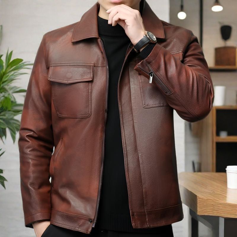 카키 가죽 재킷 - 브라운 얇은 스타일