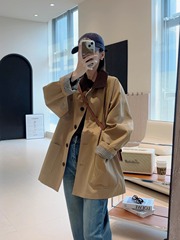 布拉格之秋100棉廓形小个子中长款风衣女撞色卡其色外套秋G072606