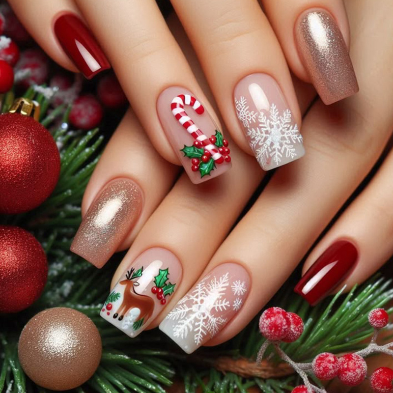 Christmas Wearable Nails Medium European Square Snowflake Elk Cane Glitter Decoration Removable Fake Nail Patch Christmas Wearable Nails Medium European Square Snowflake Elk Cane Glitter Decoration Removable Fake Nail Patch
