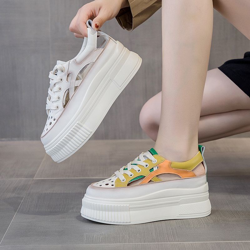 夏季新款真皮厚底镂空洞洞鞋女内增高休闲舒适百搭复古松糕底凉鞋