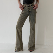 美式做旧磨破街头风破洞喇叭牛仔裤百搭复古泥色拖地长裤时尚女装