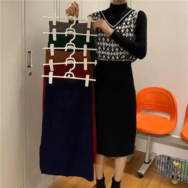 高腰坑条针织半身裙百搭经典A字直筒裙子女秋冬均码针织显瘦长裙