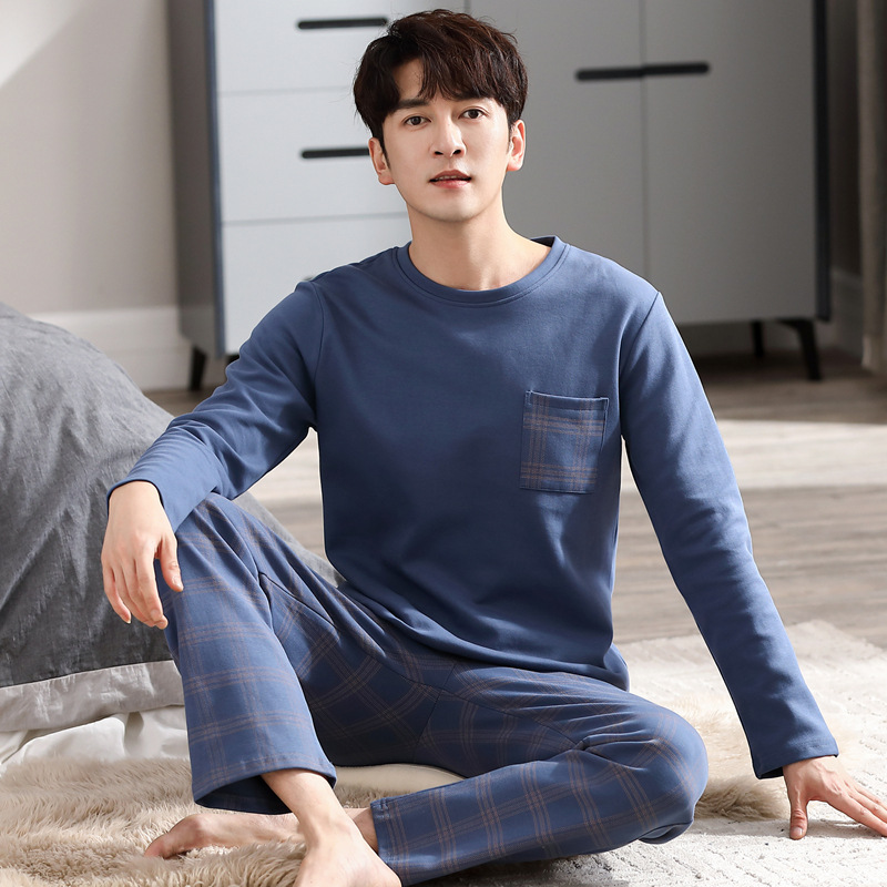 Pijamas de los hombres primavera y otoño fresco algodón manga larga delgada 2023 nuevo estilo coreano más tamaño simple juventud desgaste traje