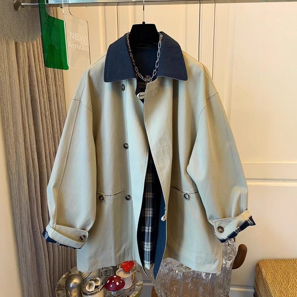 High-End Korean Retro Contrasting Color Workwear Windbreaker Jacket for Women Mid-Length 2025 New Autumn Loose Casual Slimming Look