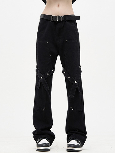 Vintage American-style high-street lace-up micro-waist straight-leg jeans for men and women, four-season black casual pants