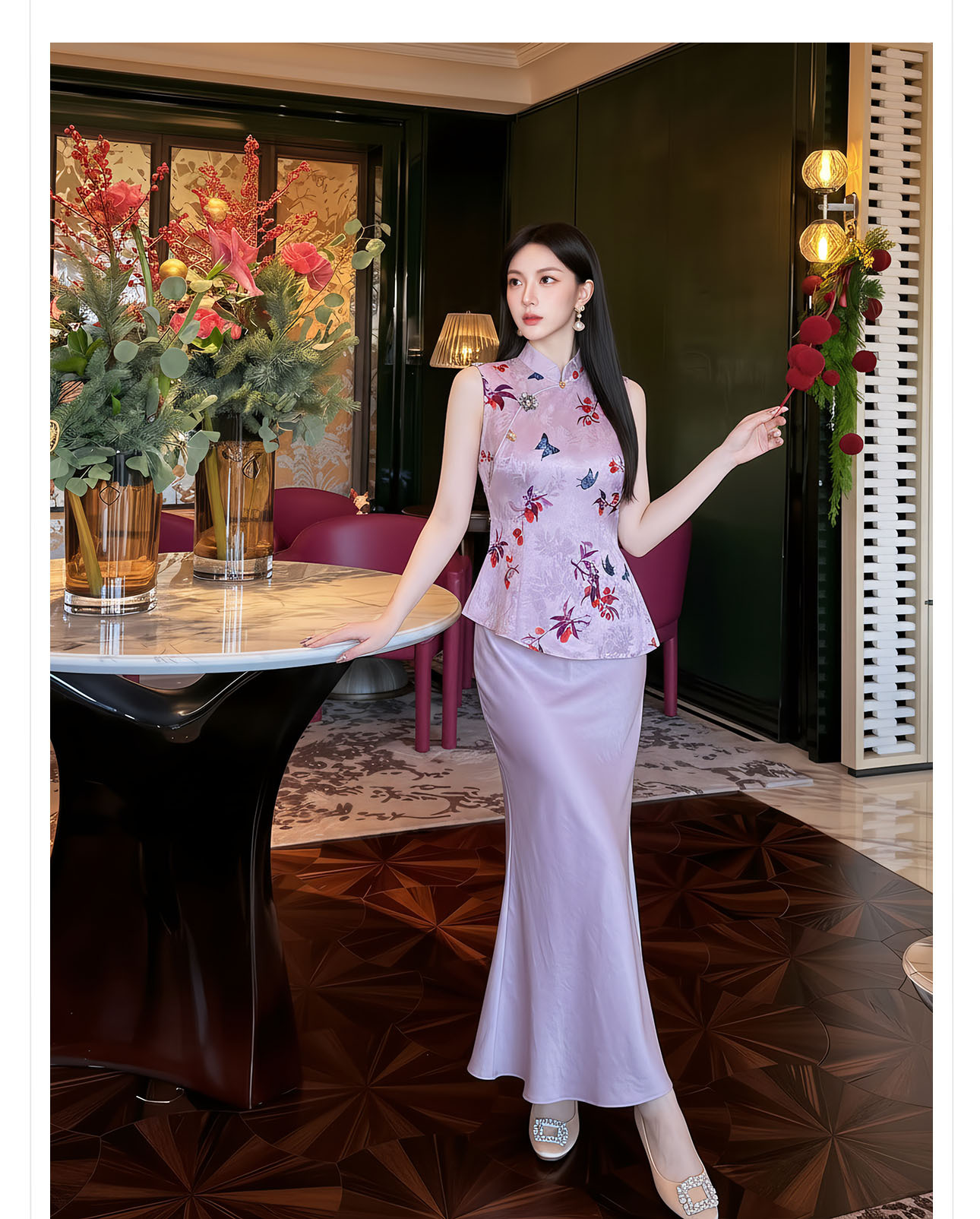 Áo gile nữ cổ đứng không tay họa tiết thêu hoa văn quốc phong — màu tím chi tiết 5