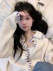 撞色设计感坑条翻领长袖毛衣外套秋季新款慵懒风宽松针织衫上衣女