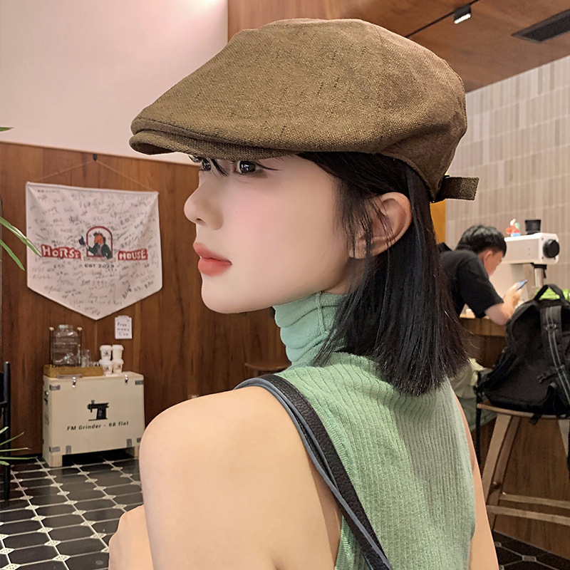 美式复古辣妹棉麻前进帽女秋冬薄款文艺百搭街头显脸小贝雷帽子潮|undefined