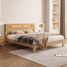 .实木款小户型卧室双人床静音床板1.5/1.8米网红白蜡木床架带夜灯