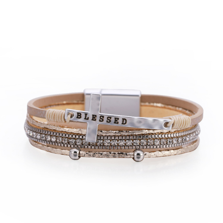 Fashion Cross Fine Diamond Leather Magnetic Buckle Multicolor Bracelet display picture 2