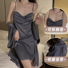 瑰若纯欲甜辣风低胸荡领加胸垫收腰系带缎面睡裙外袍家居服J3281