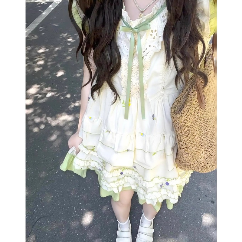 学院风小清新穿搭一整套女夏甜美花朵刺绣碎花连衣裙两件套小个子|undefined