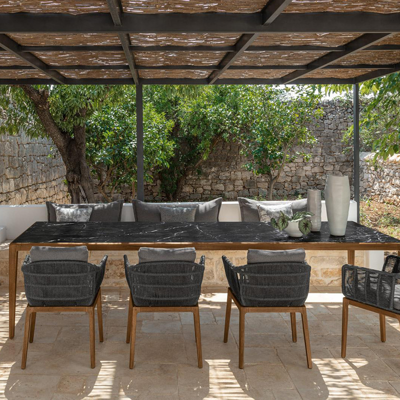Mesa de comedor y silla de madera de teca al aire libre combinación villa muebles de jardín B & B patio al aire libre silla de ratán de estilo de ocio nórdico