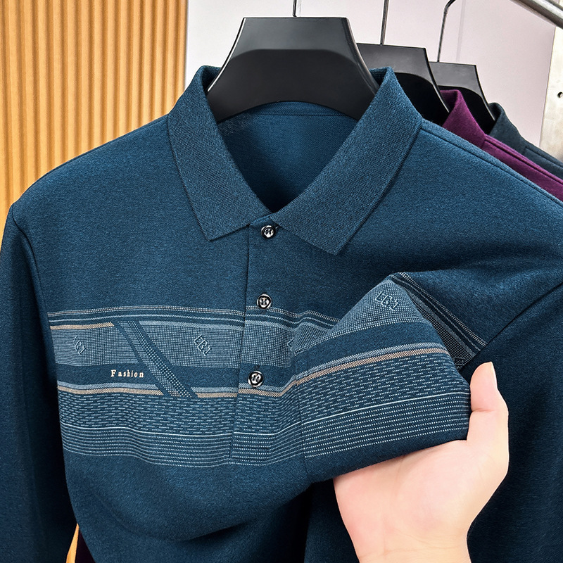 Spring and Autumn Men's Pocket T-Shirt, Turn-down Collar, Long Sleeve, Loose Fit, Fashionable Casual Dad Outfit, Daily Wear, Striped T-Shirt for Men Spring and Autumn Men's Pocket T-Shirt, Turn-down Collar, Long Sleeve, Loose Fit, Fashionable Casual Dad Outfit, Daily Wear, Striped T-Shirt for Men