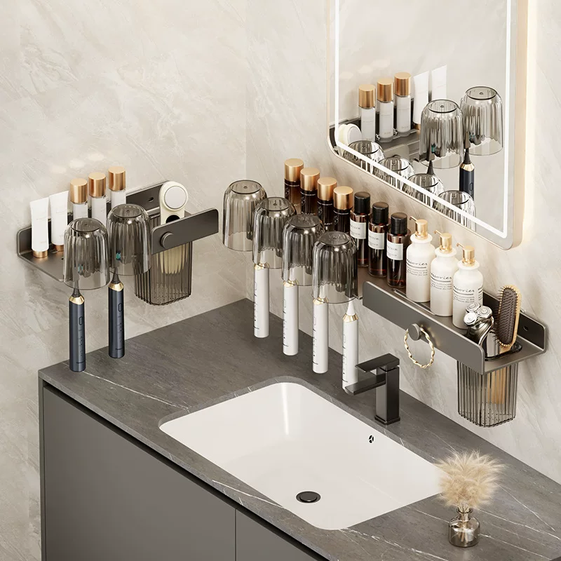 Toothbrush, mouthwash, glass holder, storage system, set