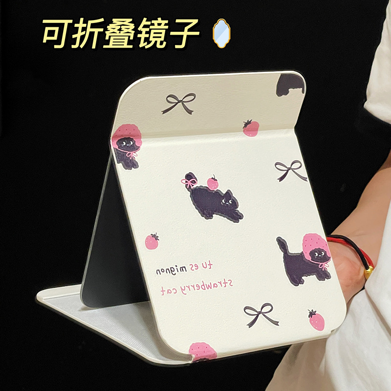 Espejo plegable de gato lindo original, dormitorio de estudiantes, espejo de maquillaje para el hogar, espejo de tocador de escritorio, portátil