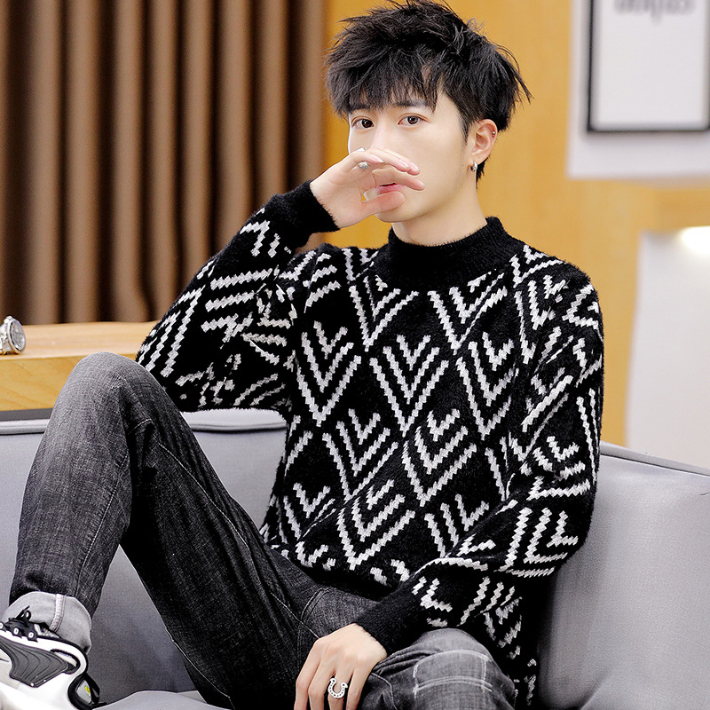Comercio exterior transfronterizo 2021 otoño moda coreana personalidad de los hombres jóvenes imitación visón terciopelo medio alto cuello redondo suéter de punto hombres